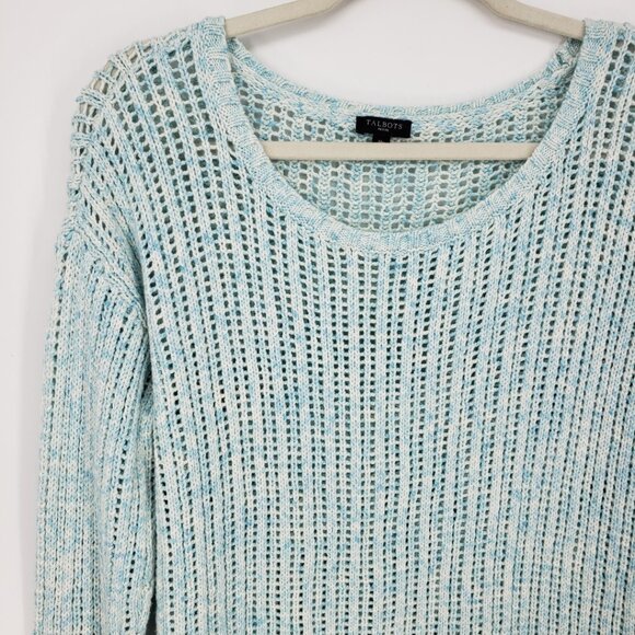 Talbots Open Knit Pointelle Sweater MP Cotton Scoop Neck Marled Aqua Blue White - Picture 4 of 7